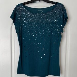 INC International Concepts Teal Sequin Short Sleeve Tee